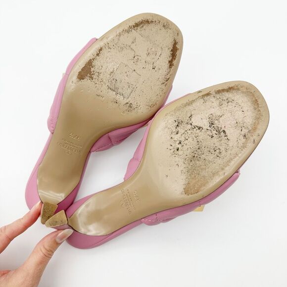 VALENTINO Roman Rockstud Pink Gold Heel Mule Size 37.5 Open Toe Quilted Leather - Picture 10 of 12